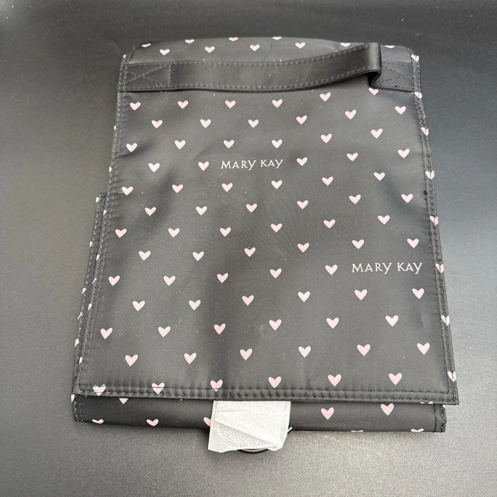 Mary Kay Travel Roll Up Bag Black w/ Pink Hearts Hanging Organizer Cosmetic NEW